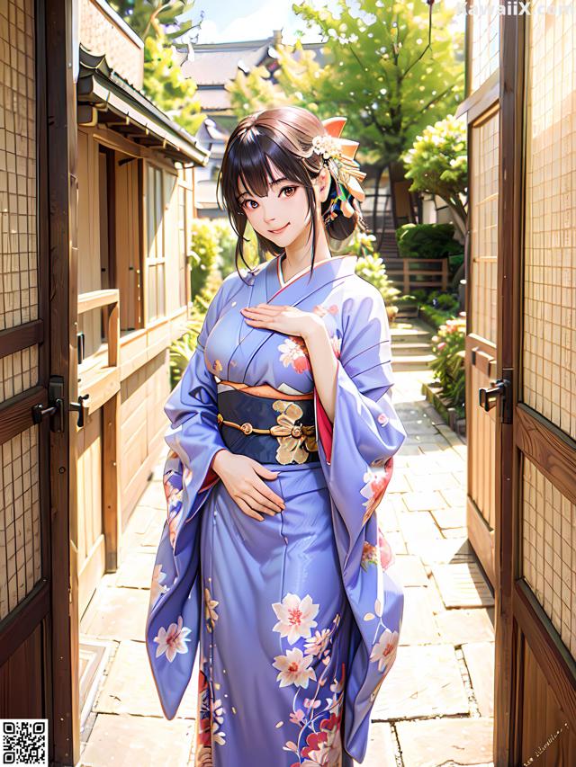 A woman in a blue kimono standing in front of a door.