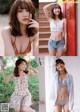 A collage of photos of a woman in a bikini and shorts.